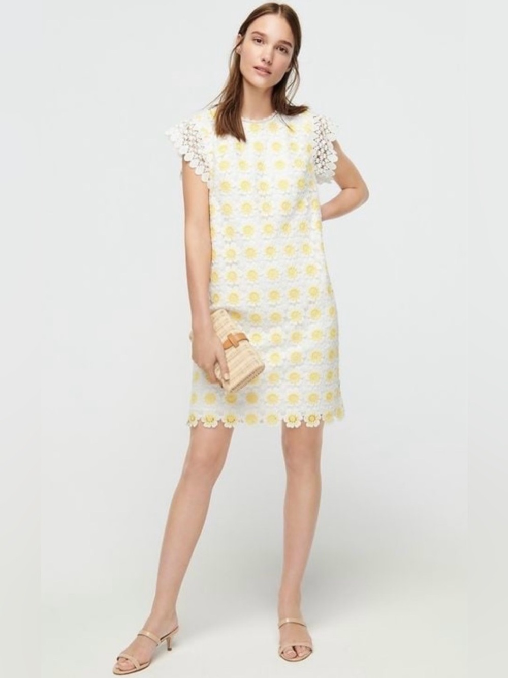 J Crew Floral Crochet Lace Short Sleeve Sheath Style Dress  Yellow/White Size 10